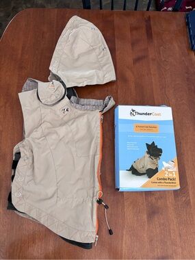 ThunderCoat Beige Dog Trench Coat with Removable Hood. Includes Thunder shirt.